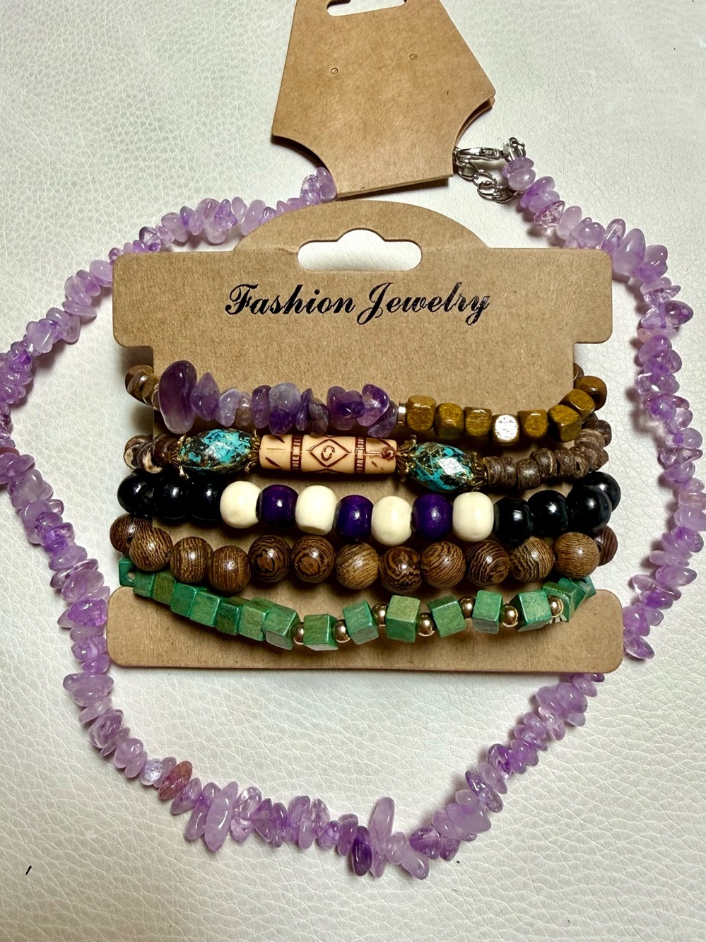 Fashion Jewelry Lavender Amethyst Chip Necklace and Mixed Bead Bracelet Stack